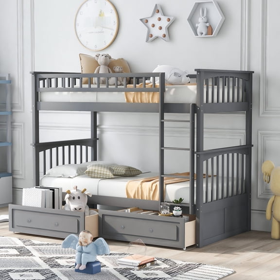 Gray Bunk Twin Bed - Convertible with Storage Drawers - Bedroom Interior - High - load and Long - lasting Bed