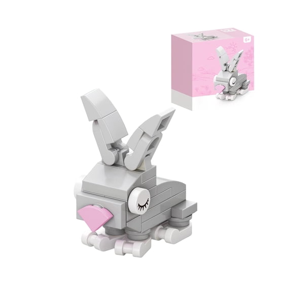 Gray Bunny Building Block Set, 34Pcs Mini Rabbit Construction Toy, Cute Spring Animal Model for Home Office Desk Decor
