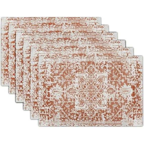 Gray Burnt Orange Boho Placemats Set of 6 Ethnic Bohemian Carpet Place Mats Washable Kitchen Dining Vintage Grey Geography Floral Linen Table Mats Stain Heat-Resistant for Home Party Indoor 12x18 in