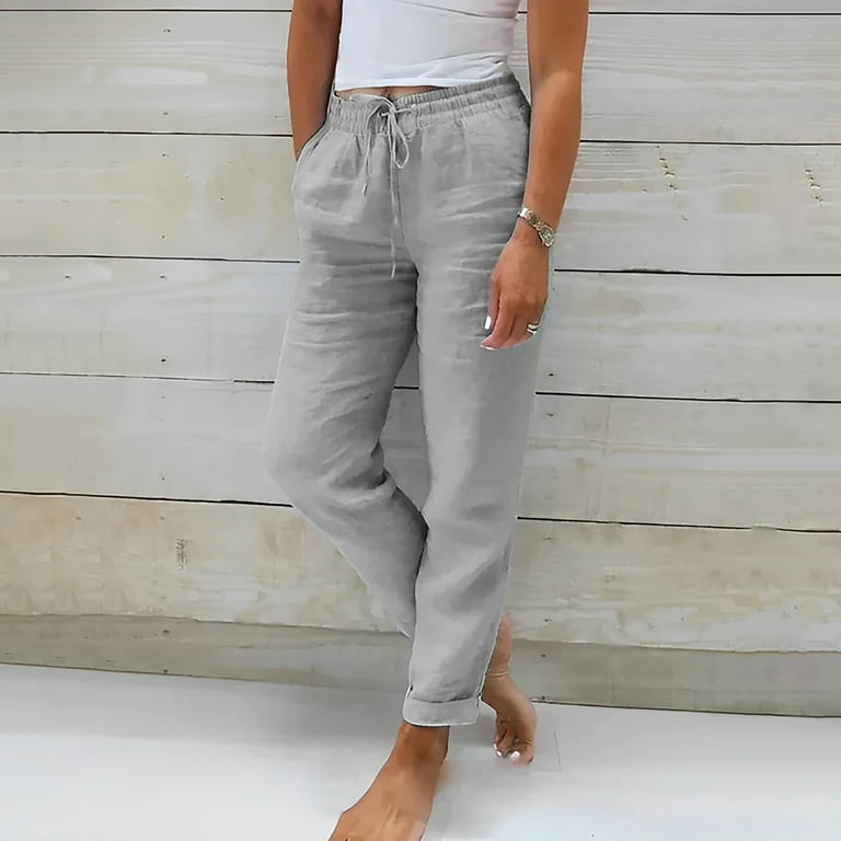Gray Business Casual Dress for Women, Solid Dress Pants for Women, Linen Womens  Dress Pants for Work, Pants for Women, Ladies Summer Elastic High Waist  Solid Color Cotton Linen Wide Leg Loose