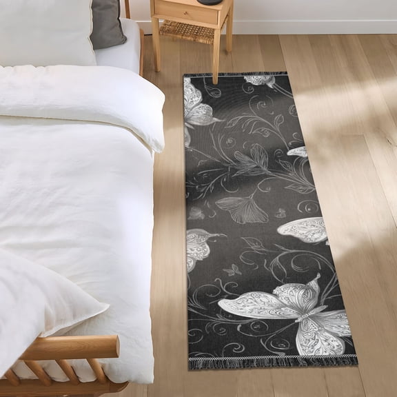 Gray Butterflies Flowers on Black Background Bedside Runner Rug 2'x 6' Non Slip Carpet Floor Mat Area Rug