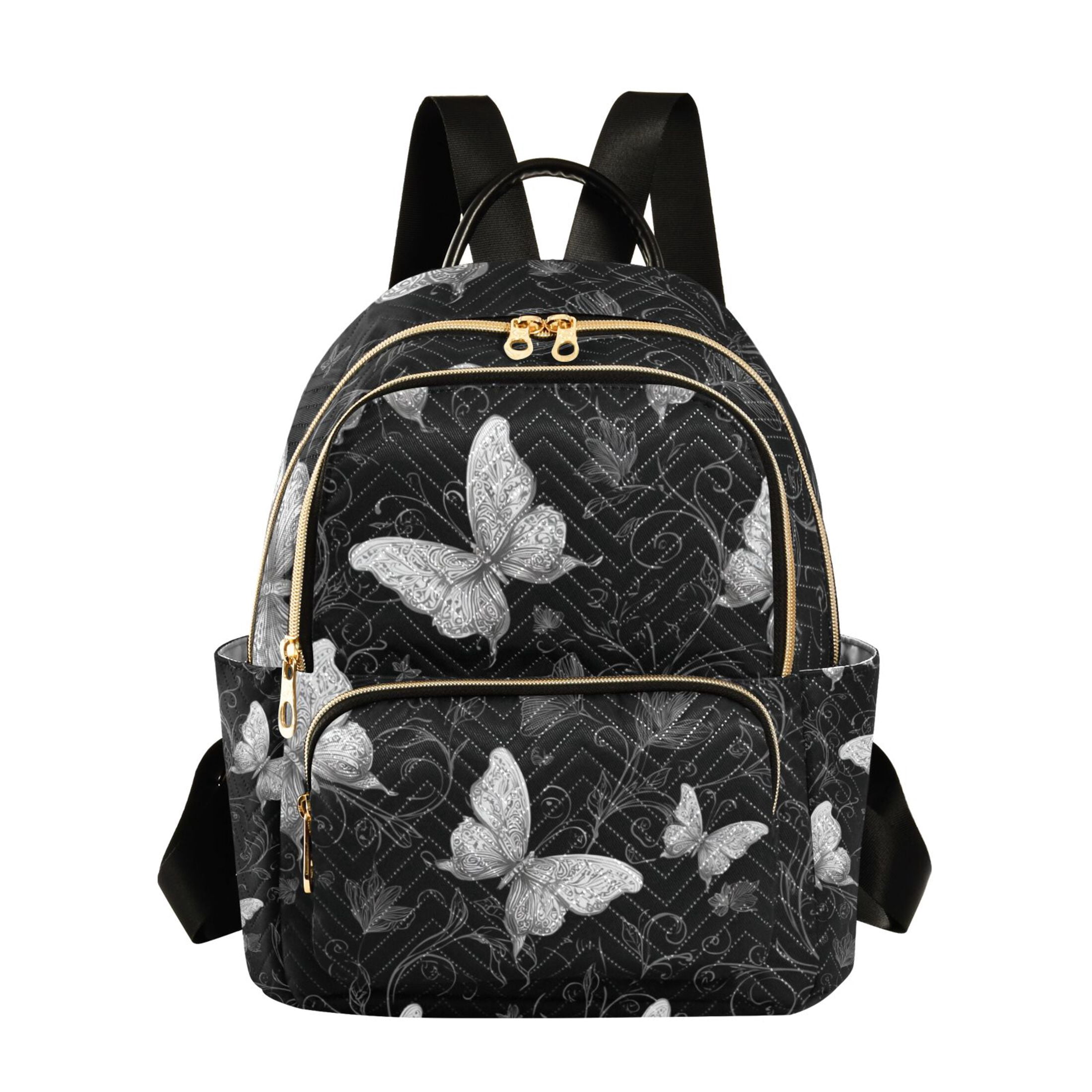 Gray Butterflies Flowers on Black Background Quilted Backpack Fashion Daypack Commuter Bag for Women 14 L