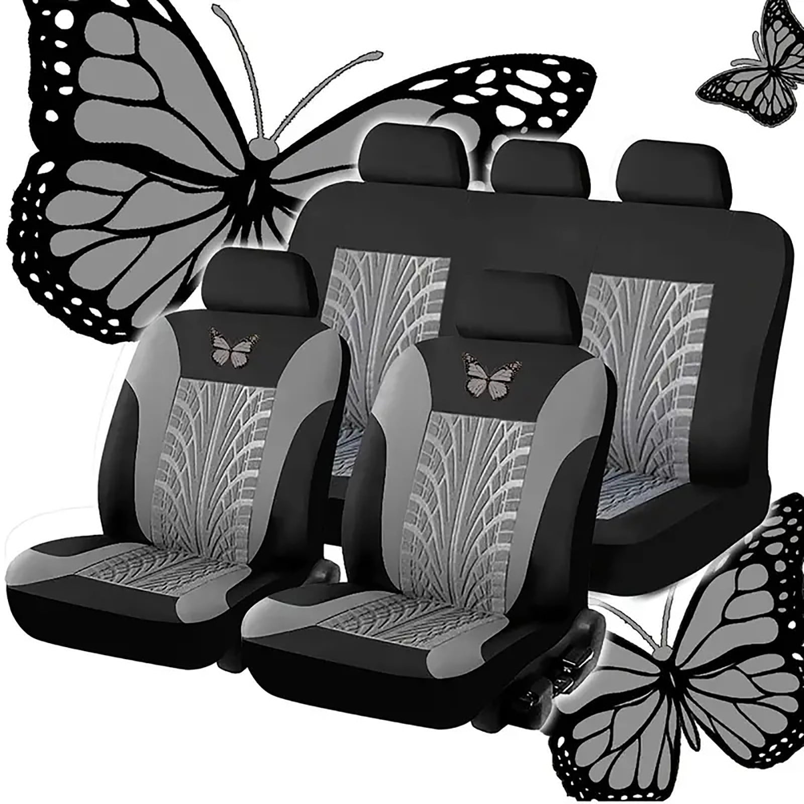 Gray Butterfly Car Seat Covers Full Set - Front Bucket with Split Bench for Cars, Gray Full Set Seat Protectors for Women, Fit for Vehicles,Cars,Suvs,Vans