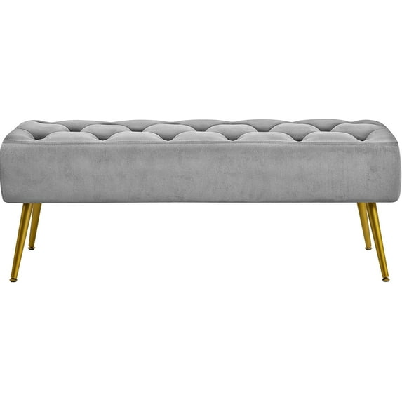 Gray Button-Tufted Upholstered Dining Bench with Gold Metal Base, for Kitchen, Living Room, or Entryway