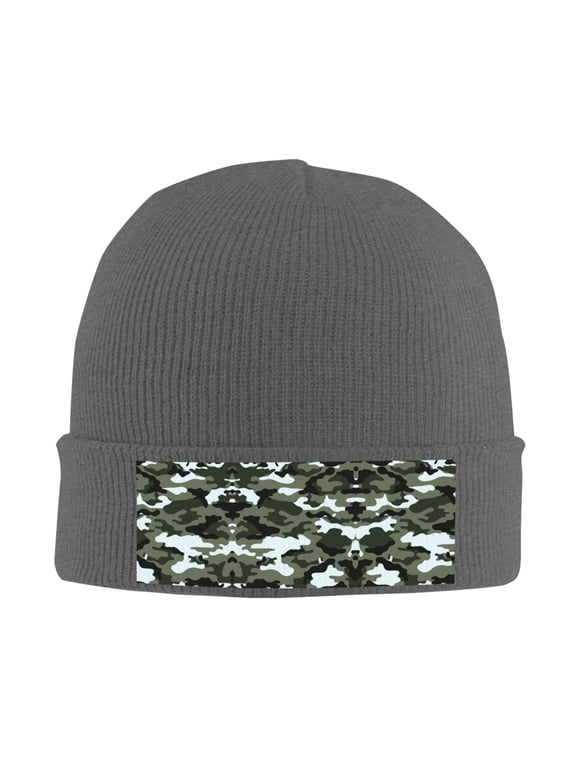 Gray Camouflage Print Winter Beanie Hats for Men Women Warm Cozy Knitted Cuffed Skull Cap Deep Heather