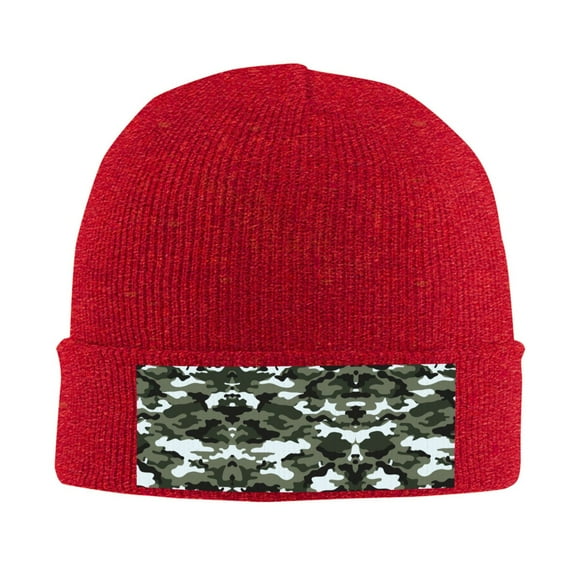 Gray Camouflage Print Winter Beanie Hats for Men Women Warm Cozy Knitted Cuffed Skull Cap Red