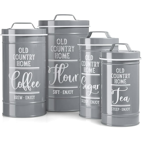 Gray Canisters Sets for the Kitchen, Airtight Kitchen Canisters for Countertop, Flour and Sugar Containers, Tea Coffee Sugar Canister Set, Gray Kitchen Decor and Accessories, Set of 4