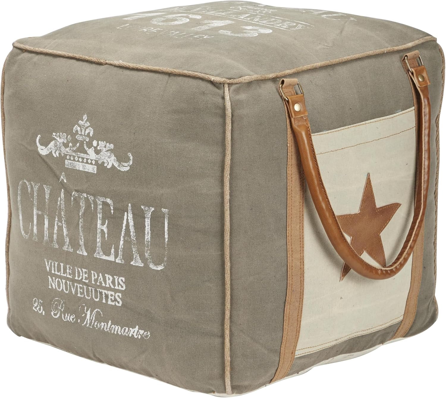 Gray Canvas and Leather Tufted Square Pouf, 19"