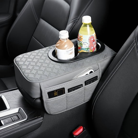Gray Car Center Console Pad with 2 Side Pockets and 2 Cup Holders, PU Leather Universal Car Armrest Box Protector Cover, Multifunctional Storage Organizer for Phone, Water Bottle and Cards, Fits Most