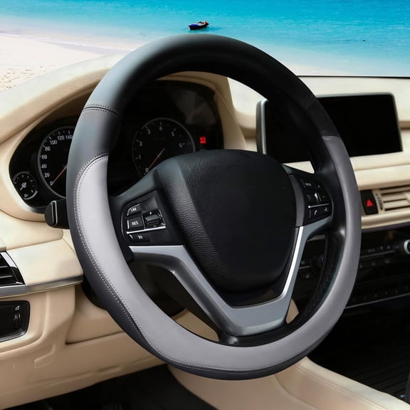 Gray Car Steering Wheel Cover, Nappa Leather, Bottom Color Blocking, Universal 14.5-15 Inch Leather Anti-Slip Breathable Auto Steering Wheel Covers for Men Women