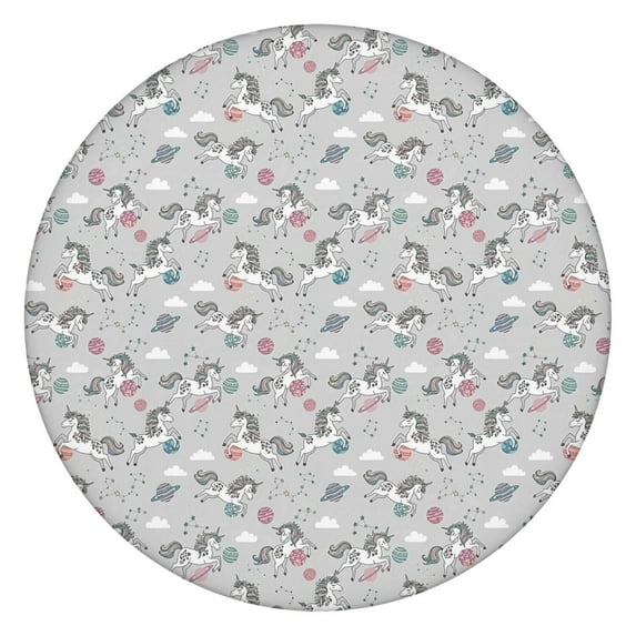 Gray Cartoon Unicorn Space Pattern Round Fitted Tablecloth with Elastic Edge,Dining Table Cover Waterproof,Outdoor Round Tablecloth for Camping,Dining,Indoor and Outdoor