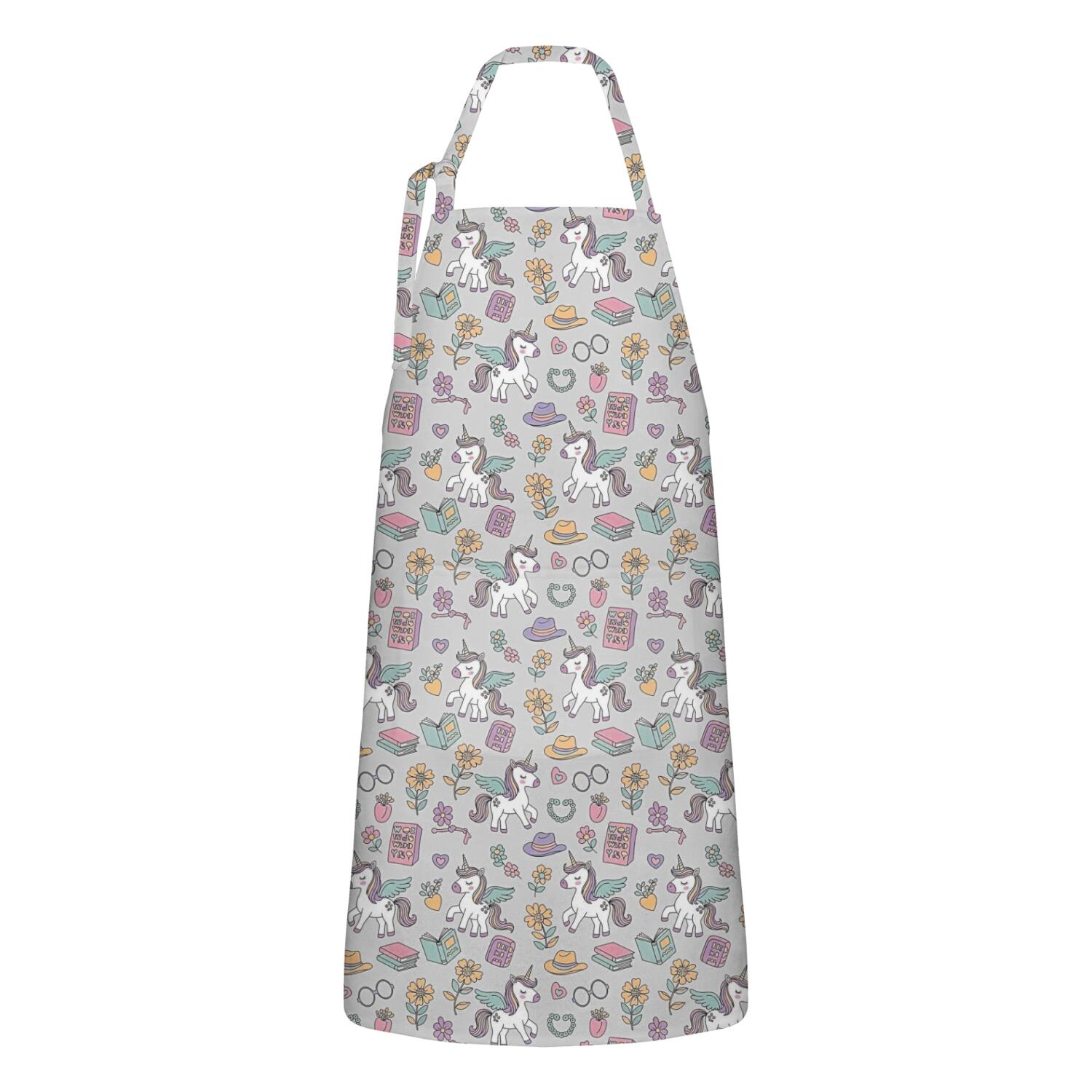 Gray Cartoon Winged Unicorn Floral Book Apron-Garden Aprons for Women ...
