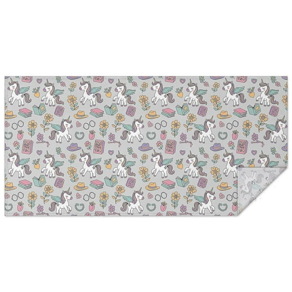 Gray Cartoon Winged Unicorn Floral Book Rectangle Tablecloth 60"x120",Waterproof Polyester Rectangle Table Cloth, Wipeable Spillproof Polyester Tablecloth for Dining, Camping, Indoor and Outdoor