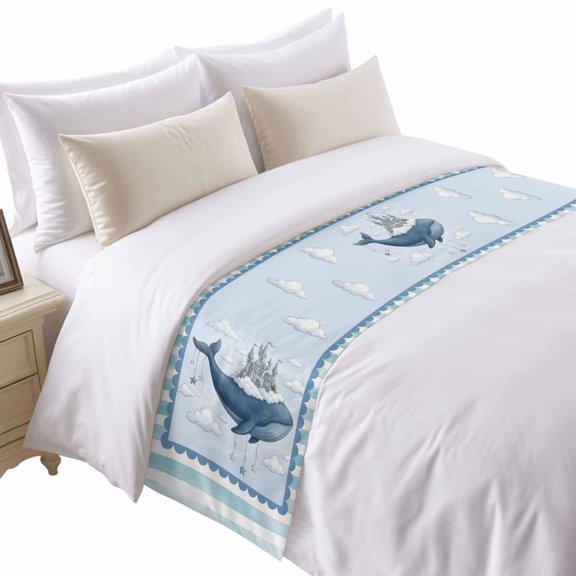 Gray Castle Whale Bed Runner for King Size Bed, Blue Border Striped White Clouds Watercolor Soft Bedding Scarf Bedding Protector Slipcover Sofa Throw for Bedroom Hotel Guesthouse