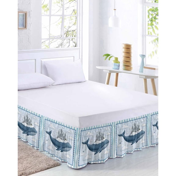 Gray Castle Whale Bed Skirt California King Size 16 Inch Drop, Blue Border Striped White Clouds Watercolor Adjustable Elastic Dust Ruffles Bedskirt Wrap Around Pleated Mattress Frame Cover