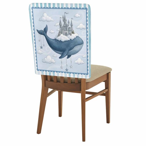 Gray Castle Whale Chair Covers Set of 8 Blue Border Striped White Clouds Watercolor Chair Back Covers Stretch Removable Washable Slipcovers Protector for Dining Room Kitchen Party Decor