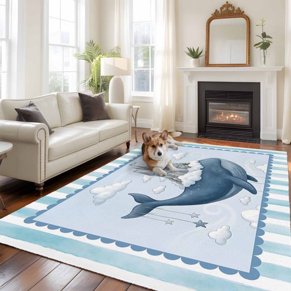 Gray Castle Whale Large Area Rugs 8x10 ft Blue Border Striped White Clouds Watercolor Washable Rug Non Slip Indoor Carpet Absorbent Floor Mat for Living Room Bedroom Dining Room