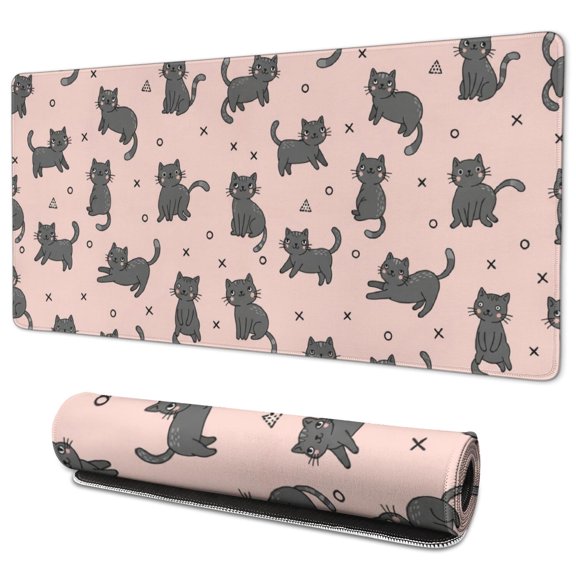 Gray Cat and Doodle Pink Pattern Extended Large Mouse Pad, Large Mouse Mat with Non Slip Base & Stitched Edges, Eco-Friendly Gifts for Office Work Gaming,35.4"x15.7"