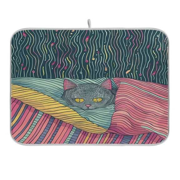 Gray Cat Hiding under Blanket Dish Drying Mat 16x18 Absorbent Microfiber Draining Rack Pad for Kitchen Counter Sink