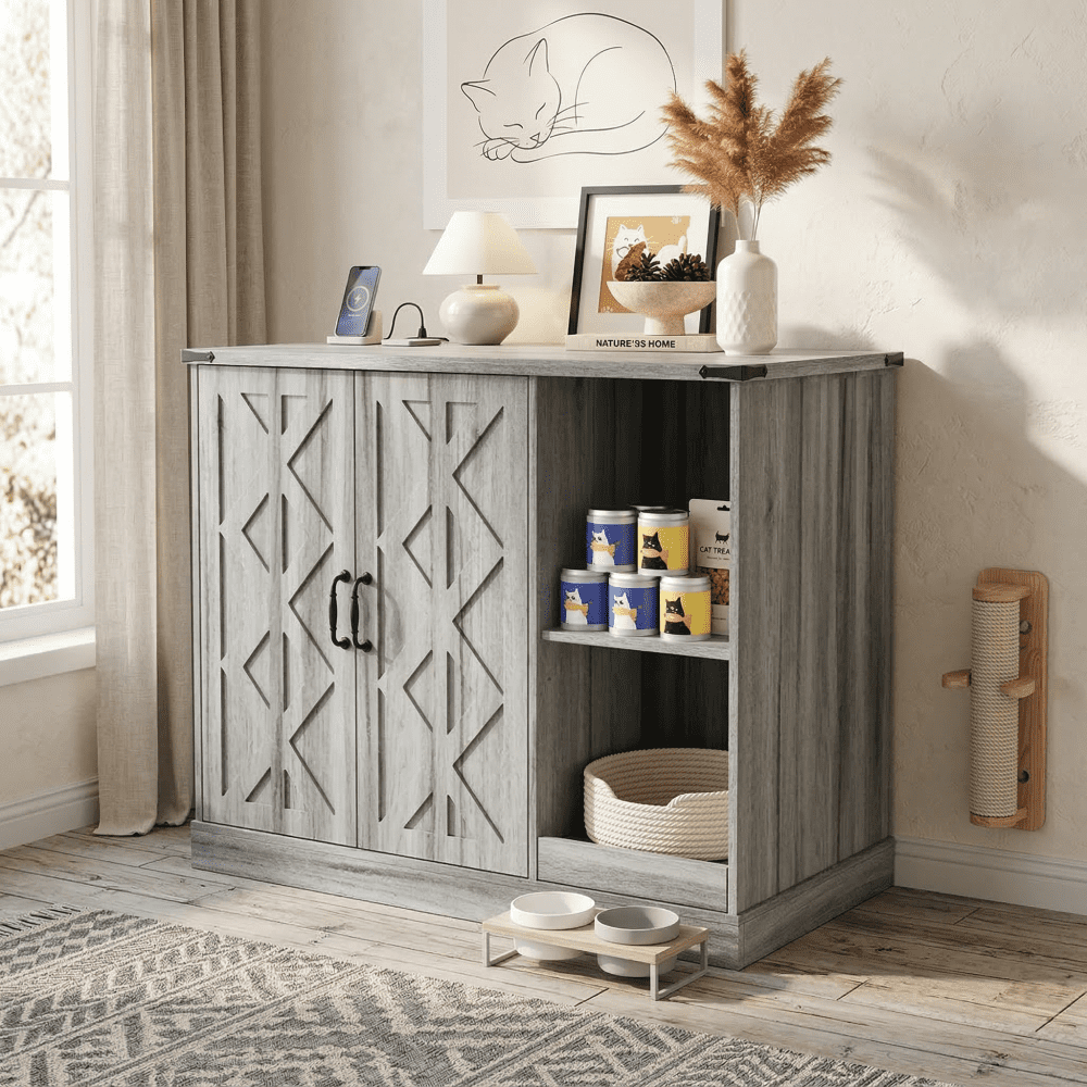 Gray Cat Litter Box Cabinet with Built-In Power Outlet, MDF Construction, Modern Geometric Design, Fits Most Automatic Litter Boxes