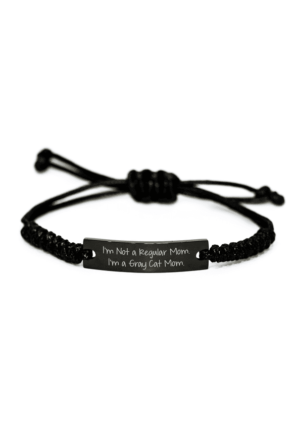 Gray Cat Mom Rope Wrap, I'm Not A Regular Mom. I'm A Gray Cat Mom. Gift for Mother's Day, Adjustable Rope Bracelet, Black Stainless Steel with Interlaced Rope, Rust, Corrosion, Tarnish Resistant
