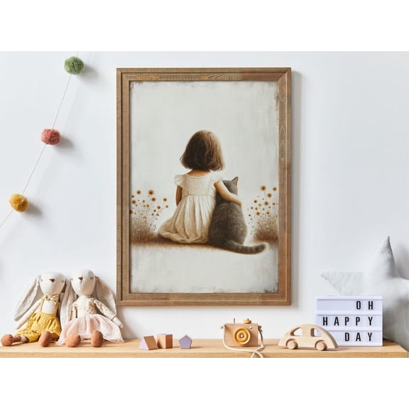 Gray Cat Nursery Girl and Cat Wall Art Decor, Unframed Paper Poster 8x10in