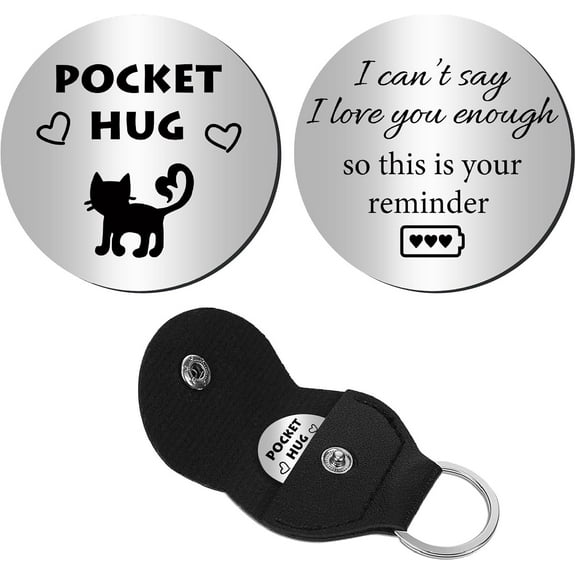 Gray Cat Pocket Hug Token Long Distance Relationship Keepsake Token Double Sided Pocket Token Commemorative Coin Sign with PU Keychain for Friends Women Friendship Inspirational Gift 1.2Inch
