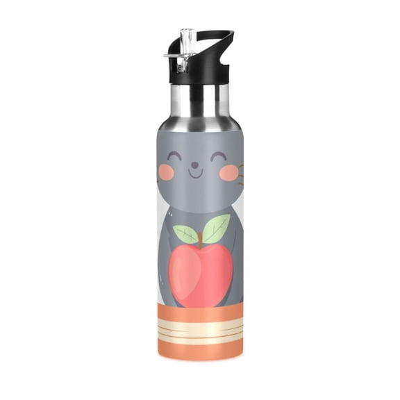 Gray Cat Sits on Books with Apples Sports Bottle with Straw Stainless Steel Water Jug Portable Thermal Cup Leak-proof 600ML