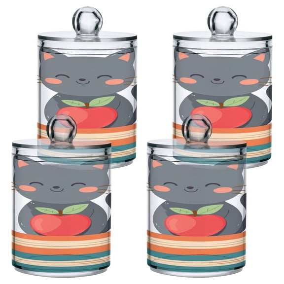 Gray Cat Sits on Books with Apples Translucent Plastic Cans Storage Canisters with Lid Set of 4