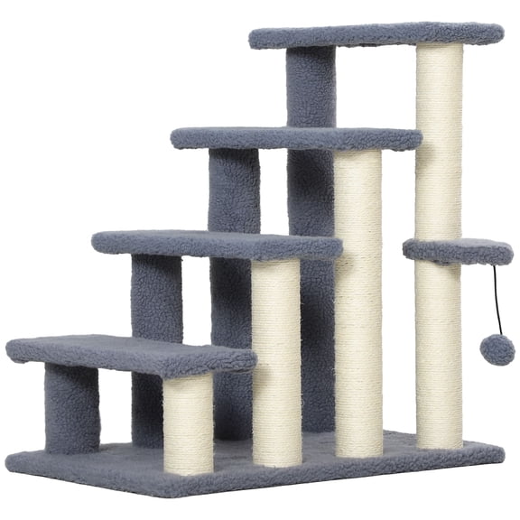 Gray Cat Stairs with Scratching Posts for High Beds and Couches, 4-Tier Pet Steps
