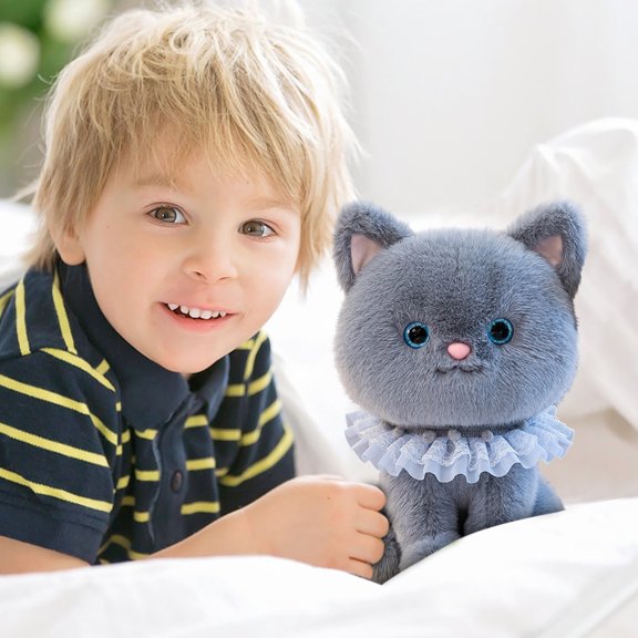 Gray Cat Stuffed Animal, 12 Inch Plush Toy with Soft Fabric and Lace Collar Design, for Boys Girls, for Bedroom Playroom Nursery Decor, for Cuddling Hugging Playing