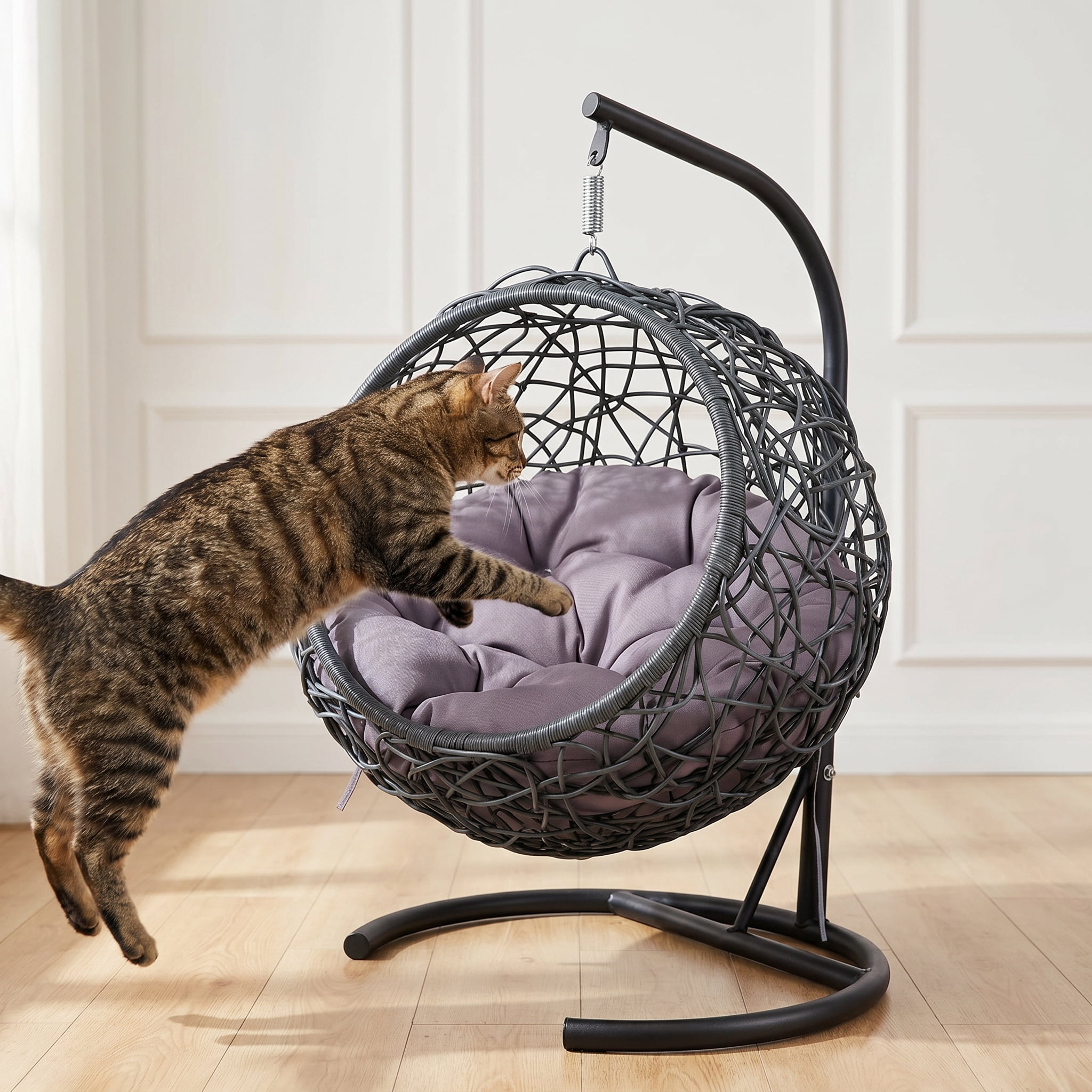 Gray Cat Swing Bed with Stand & Cushion, Rattan Wicker Egg Chair, Indoor Outdoor Hanging Hammock Bed for Cats, Small Dogs & Small Animals