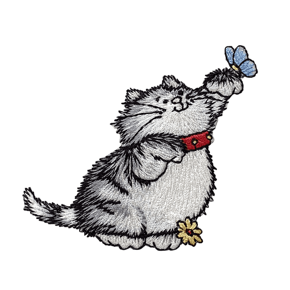 Gray Cat with Blue Butterfly on Paw, Pets, Kitten, Embroidered, Iron-on Patch