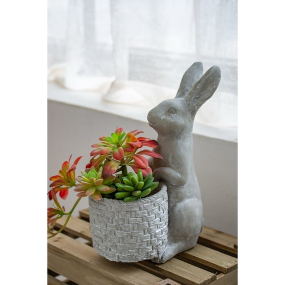 Gray Cement Rabbit Planter 9x5.5x12.5 Inch, Standing Bunny Succulent Planter with Basket, Farmhouse Garden Decor Outdoor Indoor Patio Accent
