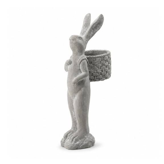 Gray Cement Rabbit Statue with Basket Planter, 19.7 in Tall