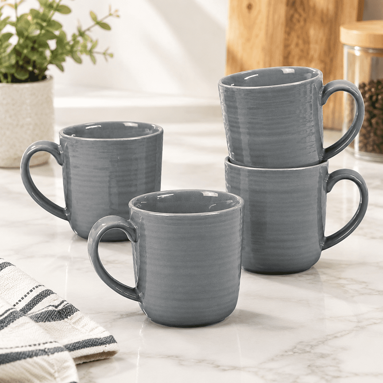 Gray Ceramic Coffee Mugs Set Of 4 12 Oz Ribbed Cups Glossy Mug ...