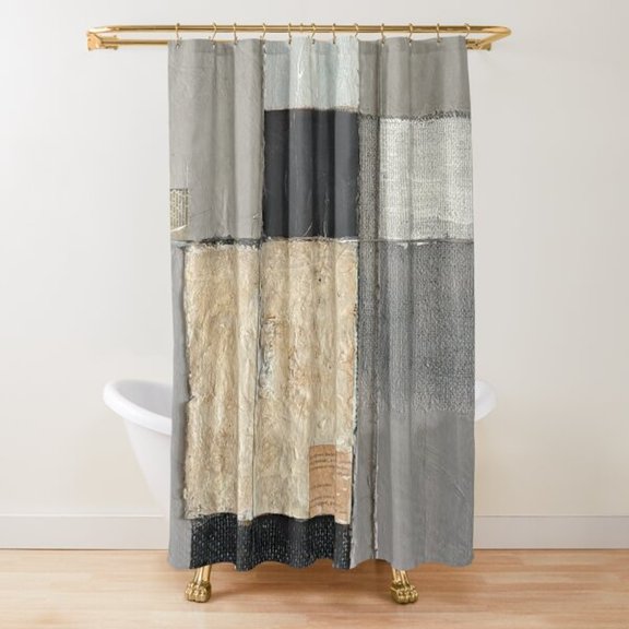 Gray, Charcoal and Cream Patchwork Rectangles Shower Curtain, 100% Polyester, Stitched Textile Look, Bathroom Decor