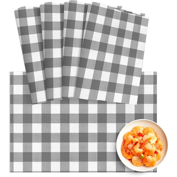 Gray Check Plaid PVC Placemats Set of 4 for Dining Table, Washable Wipeable Vinyl Table Mats, Geometric Grey White Non-Slip Place Mats Indoor for Kitchen Table Party Kids