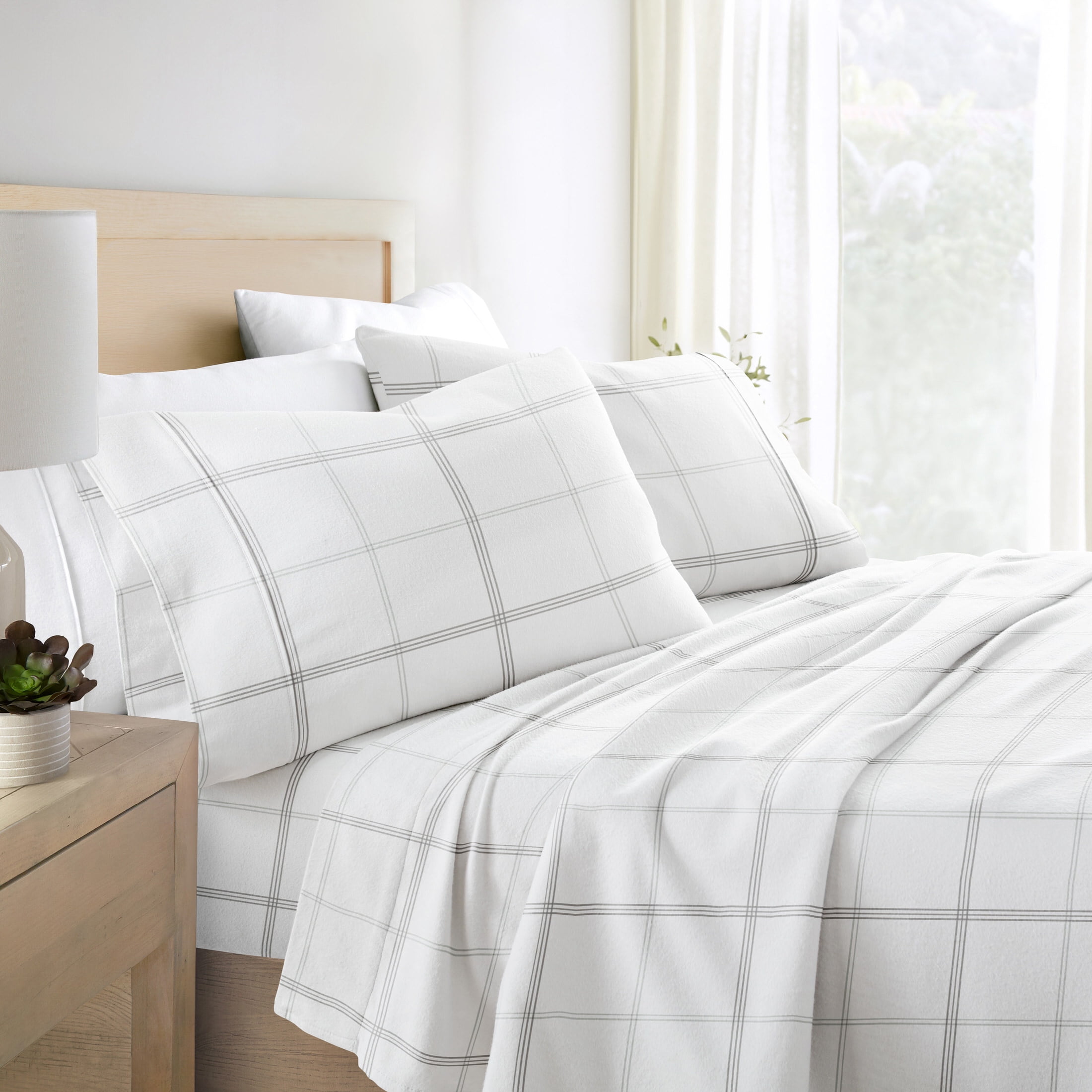 Gray Checkered 4 Piece 100% Cotton Flannel Deep Pocket Sheet Set, Full, by Noble Linens