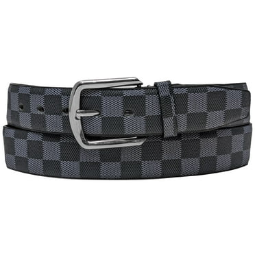 Gray Checkers Designer Leather Belt with Silver Chrome Metal Buckle