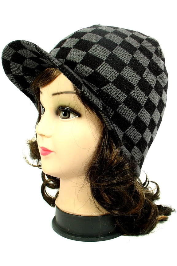 Gray Checkers Warm Winter Knit Crochet Braided Baggy Visor Beanie Hat