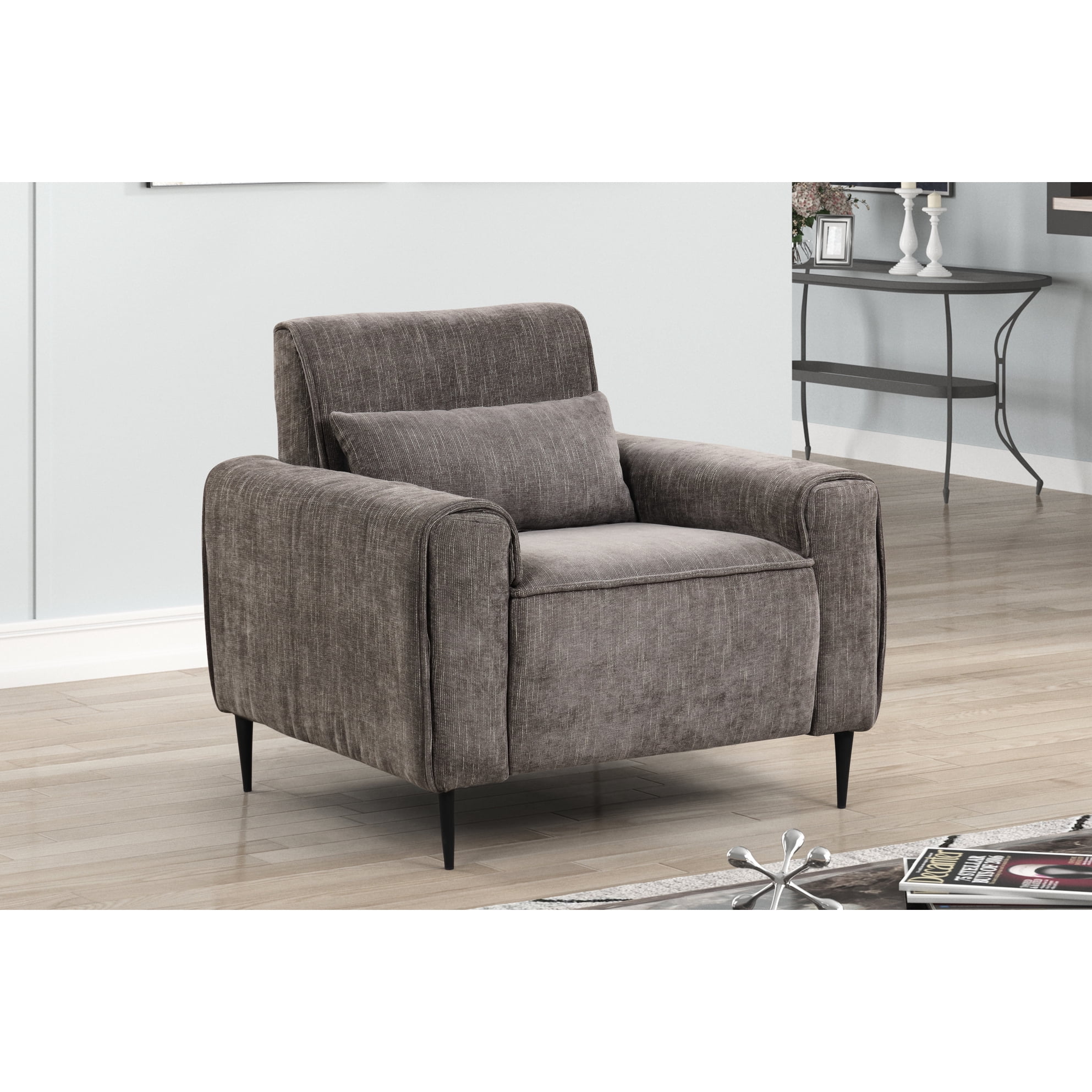 View of Gray Chenille Chair With Metal Framework And Soft Pillow Elegant In ...