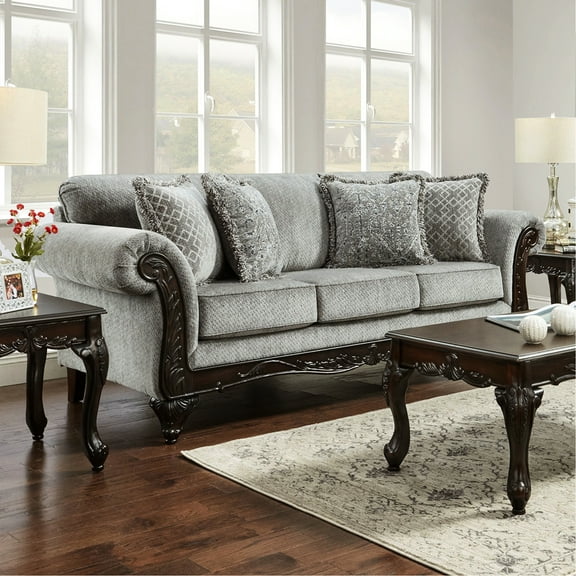 Gray Chenille Fabric With Wood Frame And Spacious Seat Faux Leather Panels, Hardwood In Dark Cherry Finish