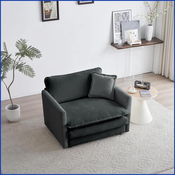 Gray Chenille Single Seat Sofa | Solid Wood Frame | Cushion Back | With Toss Pillow Living Room/Bedroom Reading Armchair