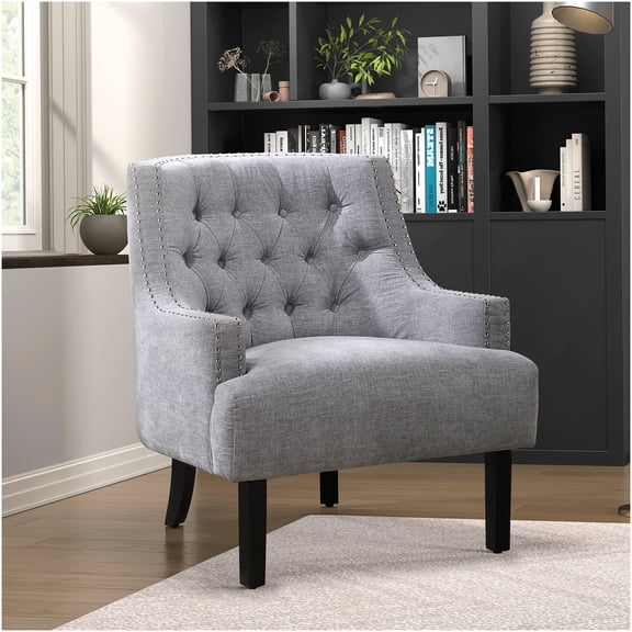 Gray Chenille Upholstered Accent Chair with Button Tufting and Nailhead Trim for Living Room