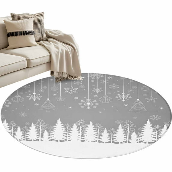 Gray Christmas Area Rug, Christmas Trees Snowflakes Snowy Winter Washable Large Circle Carpet, Non Slip Round Rug for Living Room/Bedroom/Dining Room/Home Office/Dorm