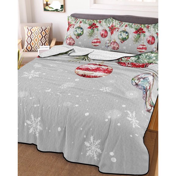 Gray Christmas Balls King Size Down Alternative Comforter, Lightweight Comforter Quilt Bedding Set with Pillow Shams Red Green Xmas Botanical Snowflake All Seasons Bed Comforter Duvet Insert 96"x106"