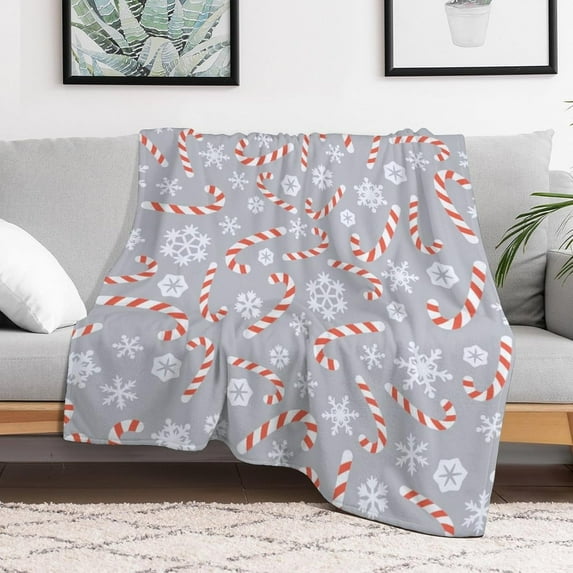 Gray Christmas Candy Canes Fleece Blanket Winter Snowflakes Lightweight Cozy Warm Throw Blanket for Couch Sofa Bed for Adults Kids Teens Gift 50"x60"