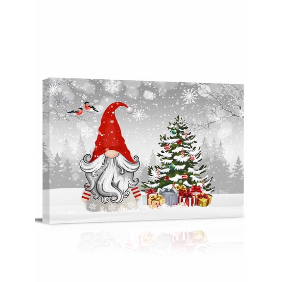 Gray Christmas Canvas Print Wall Art Framed Canvas Art Wall Decor Dwarf Present Tree Bird Snowflake Winter Pictures Painting Morden Artwork for Living Room Bedroom, Ready to Hang - 12"x16"
