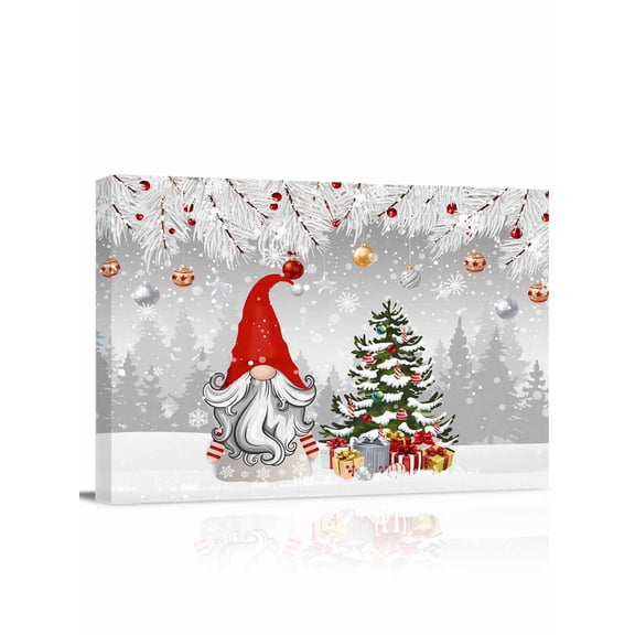 Gray Christmas Canvas Print Wall Art Framed Canvas Art Wall Decor Dwarf Present Xmas Ball Snowflake Winter Pictures Painting Morden Artwork for Living Room Bedroom, Ready to Hang - 12"x16"